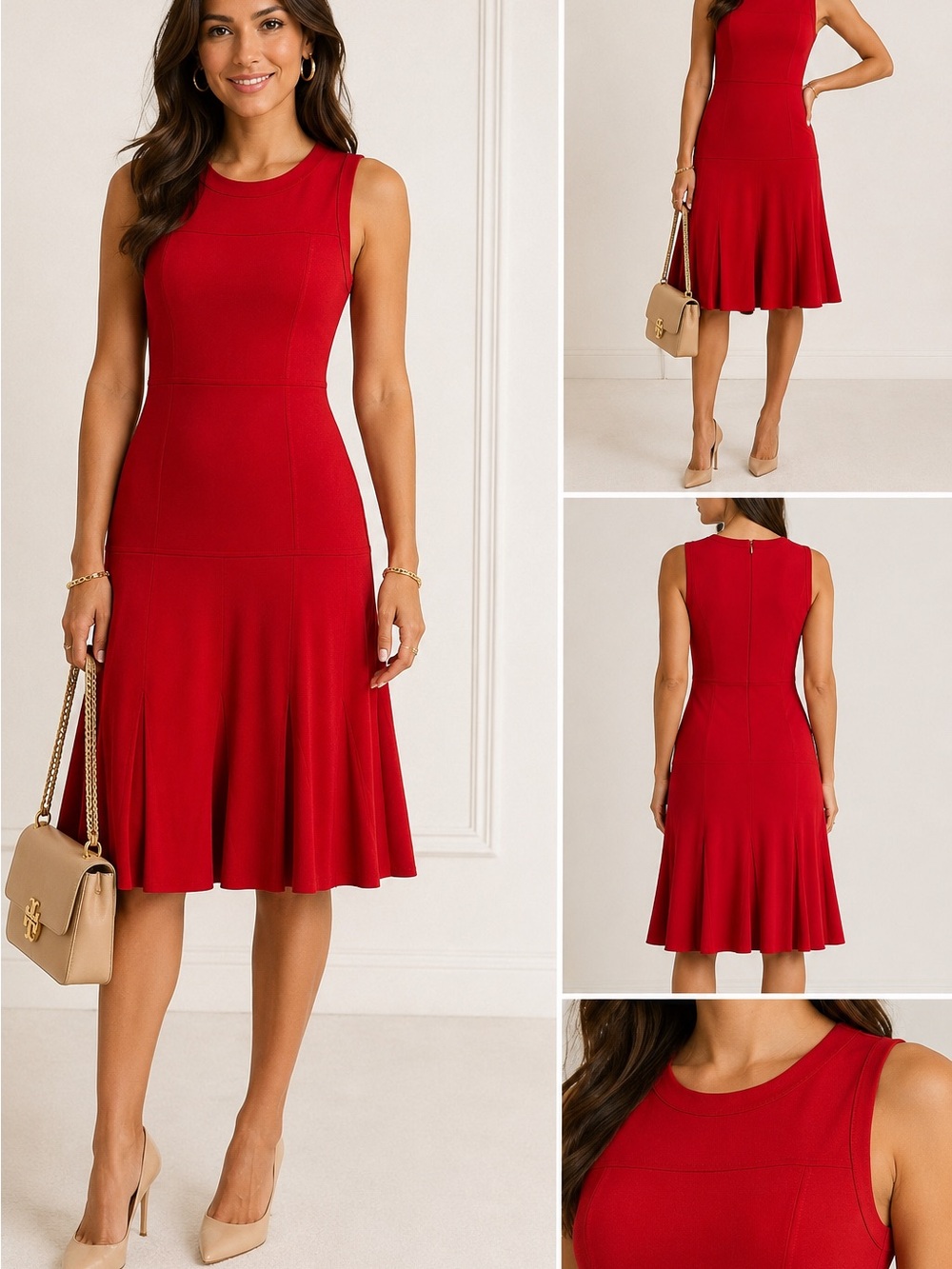Tory Burch Deeann Red Jersey Fit Flare Dress Fluted Hem Sleeveless Size M